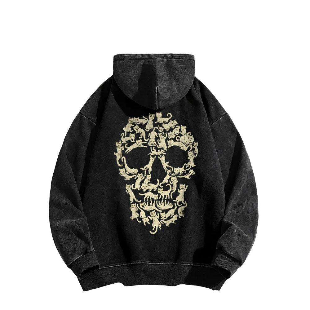 Cat Skull Front And Back Printing Vintage Washed Hoodie