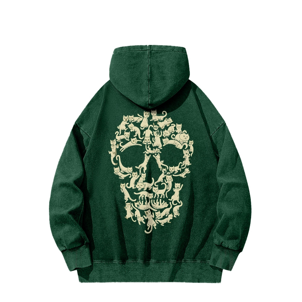 Cat Skull Front And Back Printing Vintage Washed Hoodie