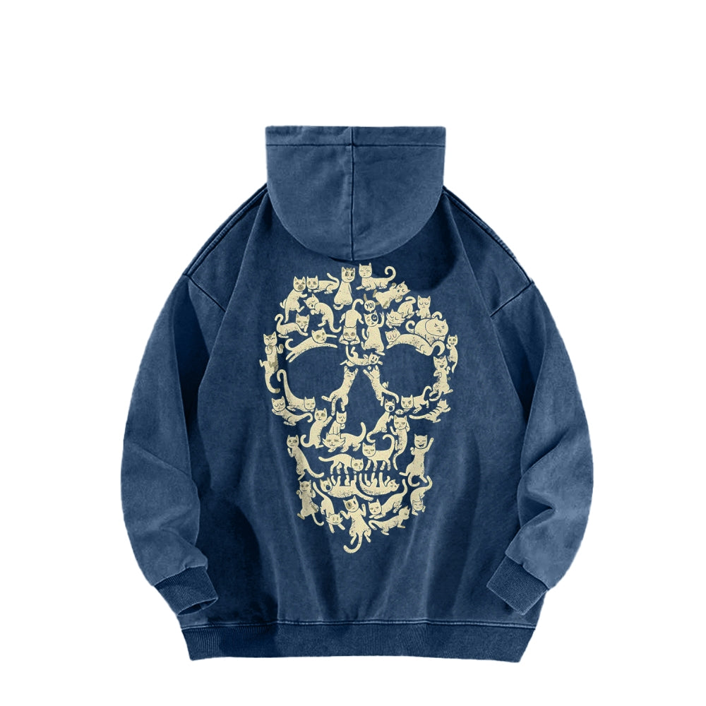 Cat Skull Front And Back Printing Vintage Washed Hoodie