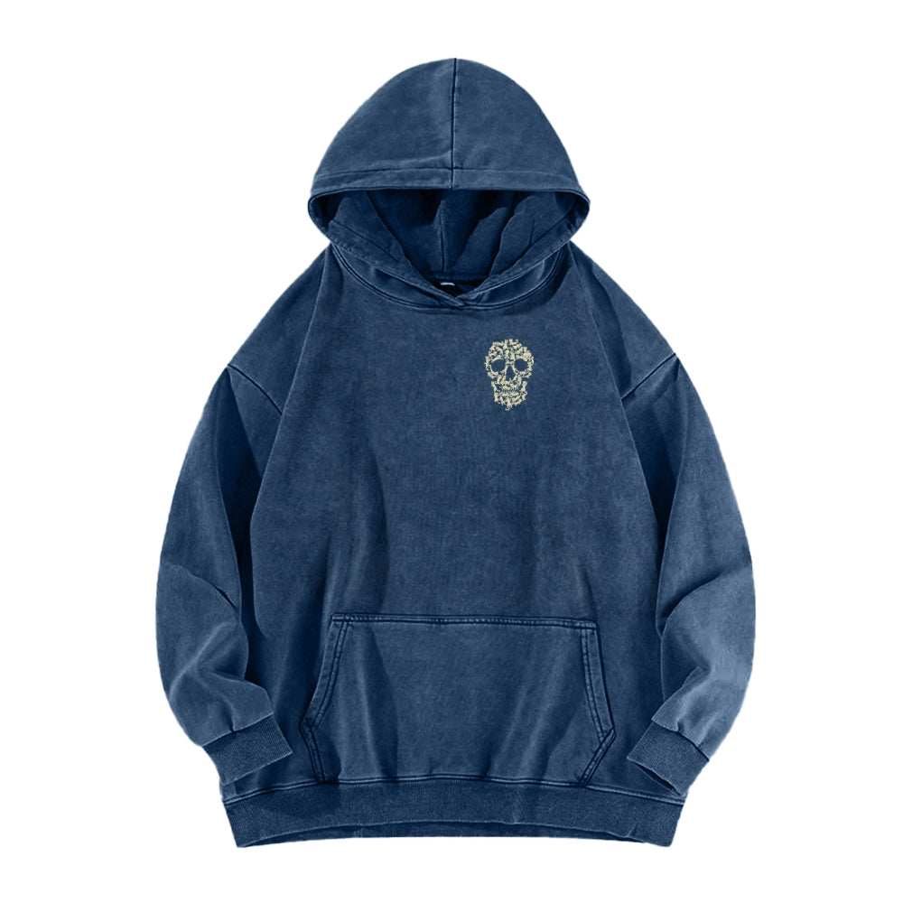 Cat Skull Front And Back Printing Vintage Washed Hoodie