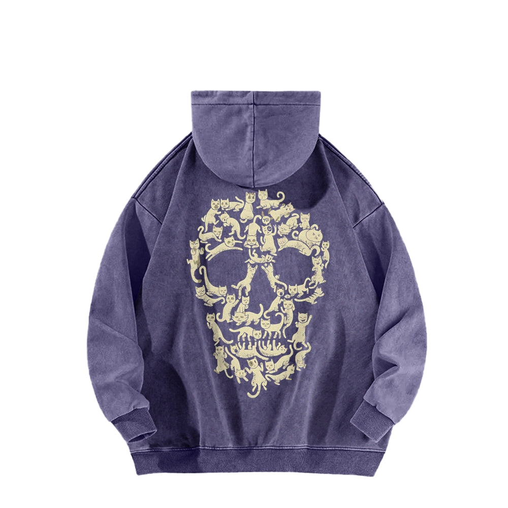 Cat Skull Front And Back Printing Vintage Washed Hoodie