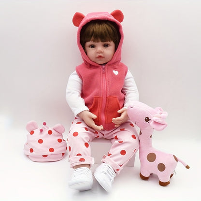 Poupée Reborn en Vinyle Souple de 19 Pouces\u002F 48cm, Jolie Bébé Fille avec Perruque et Vêtements Roses, Cadeau pour Halloween\u002F Thanksgiving\u002F Noël