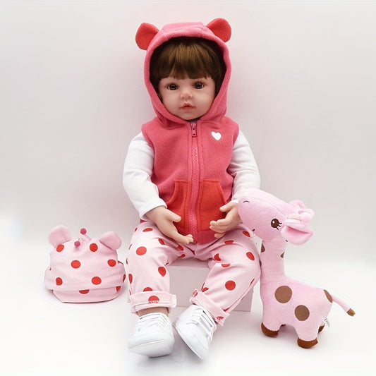 Poupée Reborn en Vinyle Souple de 19 Pouces\u002F 48cm, Jolie Bébé Fille avec Perruque et Vêtements Roses, Cadeau pour Halloween\u002F Thanksgiving\u002F Noël