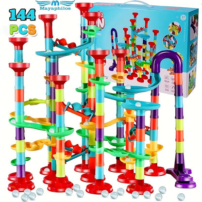 Jeu de construction de parcours de marbre MAYAPHILOS 144pièces, jeu éducatif de blocs de construction pour enfants, filles et garçons, cadeau de Noël et d'anniversaire, résine ABS, couleurs assorties, amusement ludique