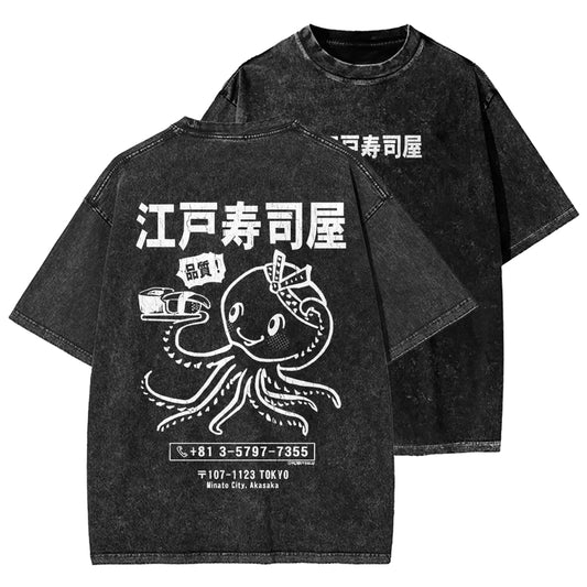 Edo Sushi Bar Octopus Front And Back Printing Washed T-shirt