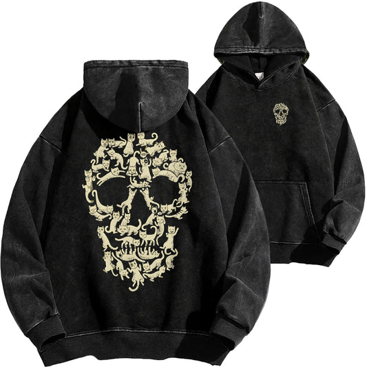 Cat Skull Front And Back Printing Vintage Washed Hoodie