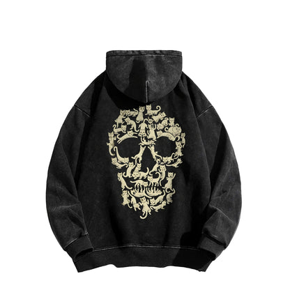 Cat Skull Front And Back Printing Vintage Washed Hoodie