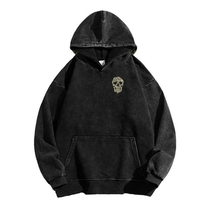 Cat Skull Front And Back Printing Vintage Washed Hoodie
