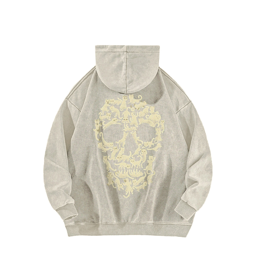Cat Skull Front And Back Printing Vintage Washed Hoodie