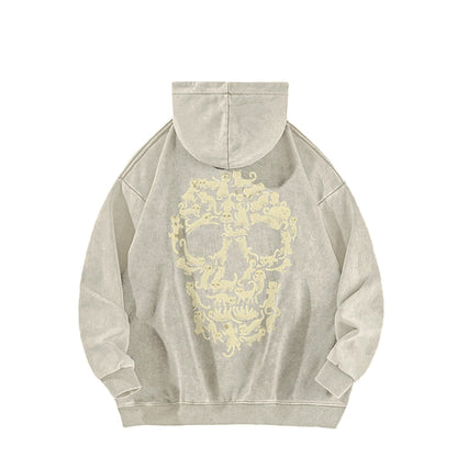 Cat Skull Front And Back Printing Vintage Washed Hoodie