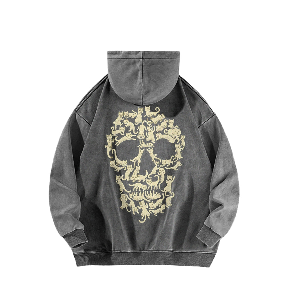 Cat Skull Front And Back Printing Vintage Washed Hoodie