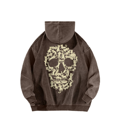 Cat Skull Front And Back Printing Vintage Washed Hoodie