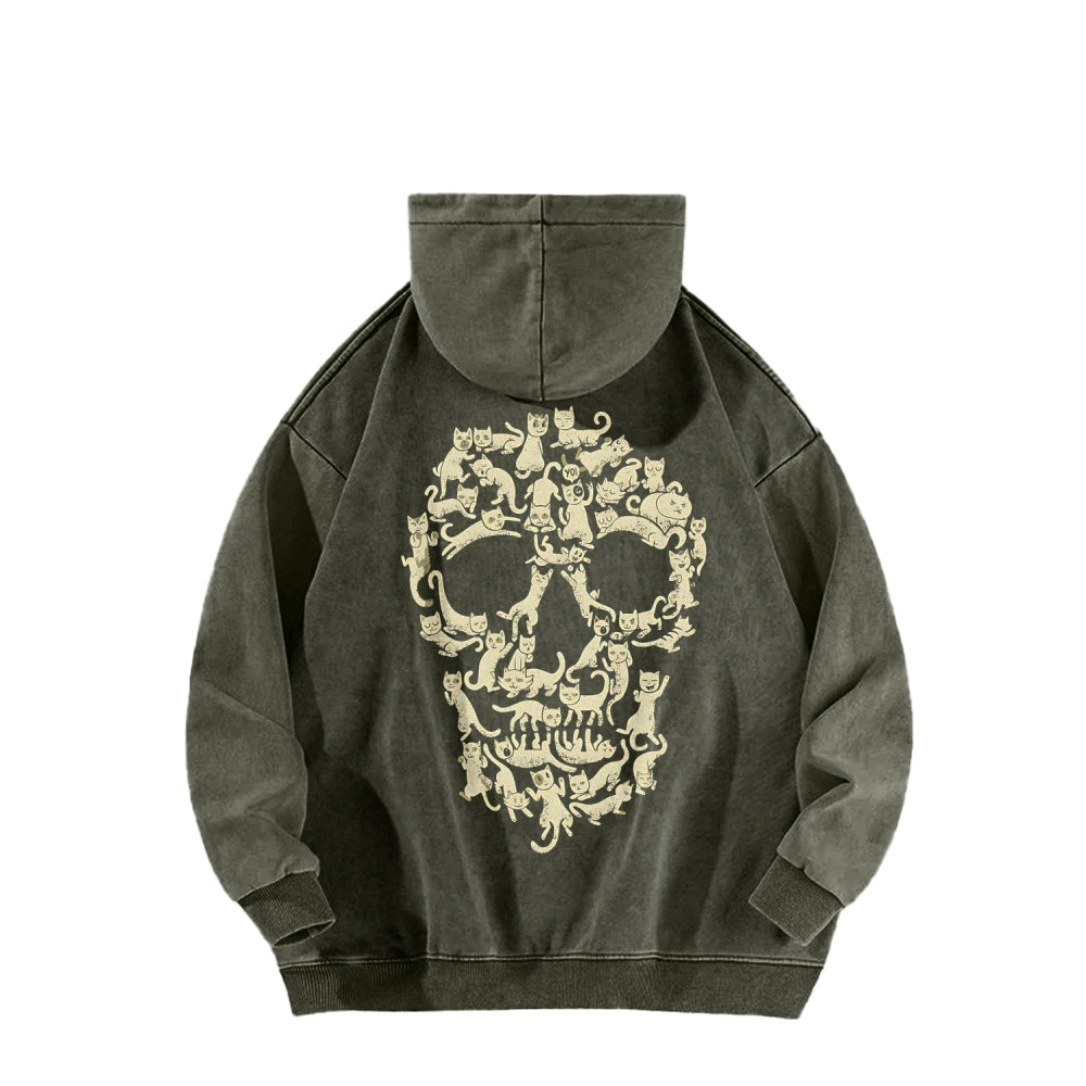 Cat Skull Front And Back Printing Vintage Washed Hoodie