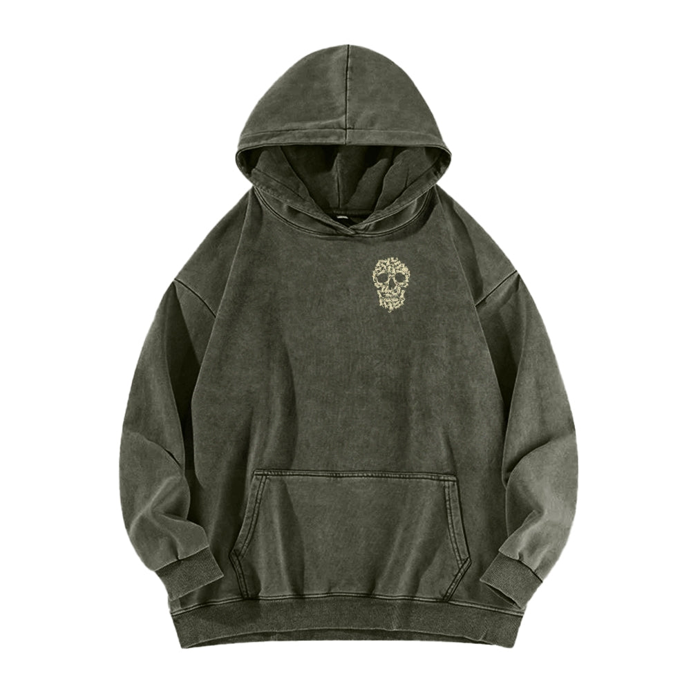 Cat Skull Front And Back Printing Vintage Washed Hoodie