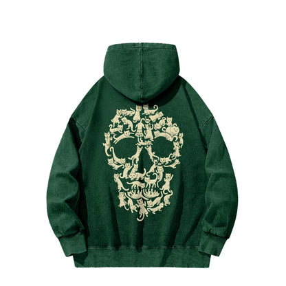 Cat Skull Front And Back Printing Vintage Washed Hoodie