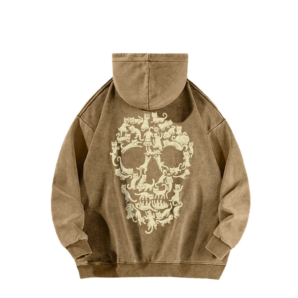 Cat Skull Front And Back Printing Vintage Washed Hoodie