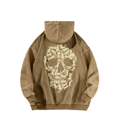 Cat Skull Front And Back Printing Vintage Washed Hoodie
