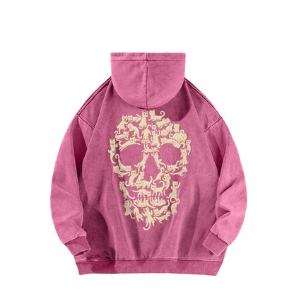 Cat Skull Front And Back Printing Vintage Washed Hoodie