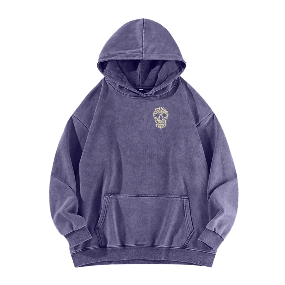 Cat Skull Front And Back Printing Vintage Washed Hoodie