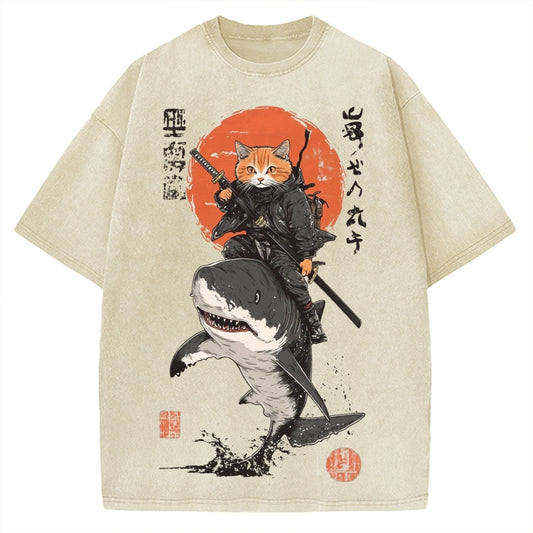 Ninja cat riding a shark Ukiyo-E Style Vintage Washed T-shirt