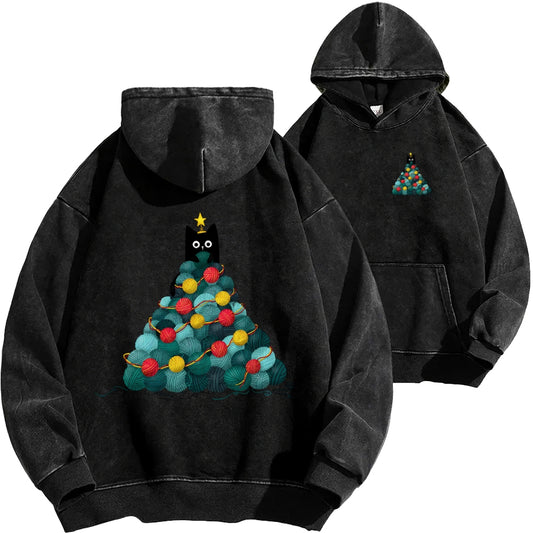 Yarn Christmas Tree Cat Front And Back Printing Vintage Washed Hoodie