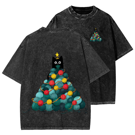 Yarn Christmas Tree Cat Front And Back Printing Washed T-shirt