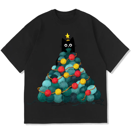 Yarn Christmas Tree Cat Cotton casual T-shirt