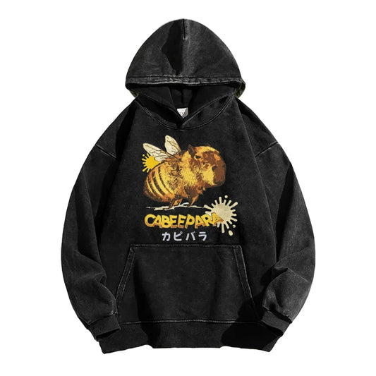 Cabeepara Funny Bee Capybara Vintage Washed Hoodie