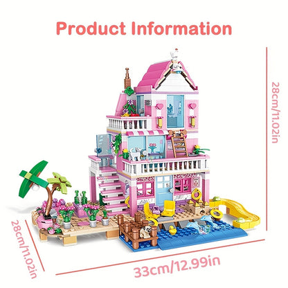Une série de maisons et d'appartements de villa de plage d'été sur le thème de bons amis, d'architecture de blocs de construction, de scènes de rue, de jouets d'assemblage DIY, parfait pour des cadeaux d'anniversaire et de Noël.