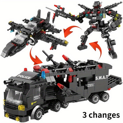 Blocs de construction Véhicule de police Swat, Blocs de voiture robot, Jouets éducatifs, Cadeaux d'anniversaire halloween, cadeau de noël