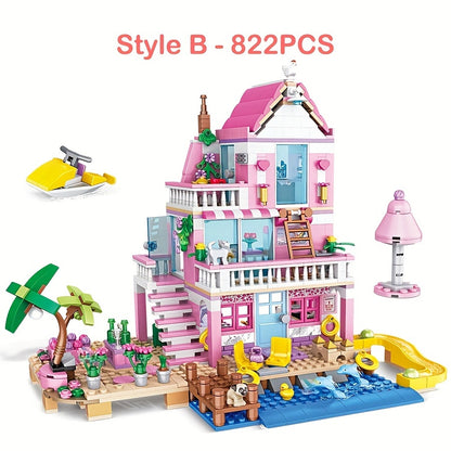 Une série de maisons et d'appartements de villa de plage d'été sur le thème de bons amis, d'architecture de blocs de construction, de scènes de rue, de jouets d'assemblage DIY, parfait pour des cadeaux d'anniversaire et de Noël.