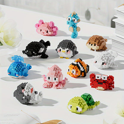 Version Boîte Cadeau de 12 Petites Boîtes Série Petites Créatures de l'Océan Micro Blocs de Construction Granulaires